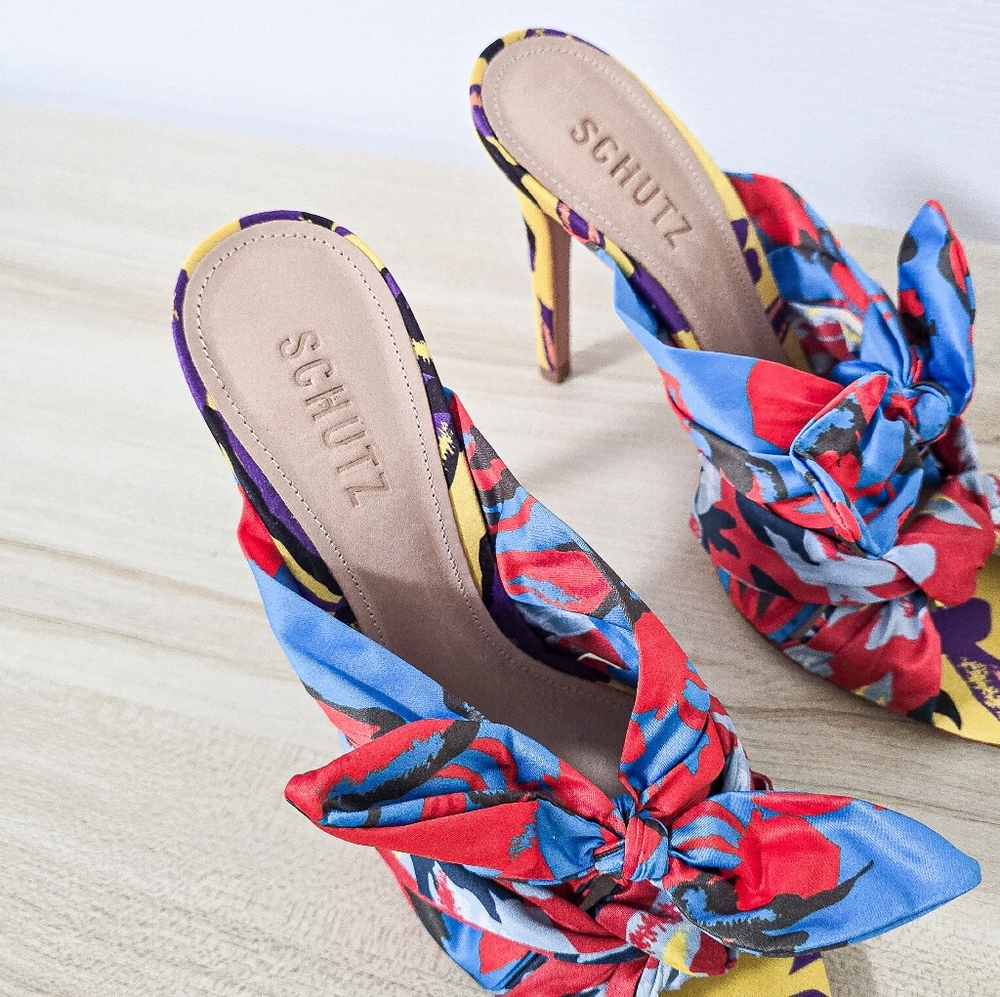Schutz X Adriana Lima Floral Satin Twist Knot Mule Sandals Size 8 - Picture 7 of 10